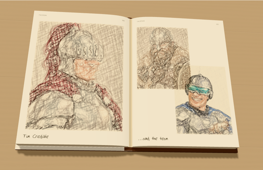 The open Facebok book with coloured-pencil portraits of Tim Credible and his team