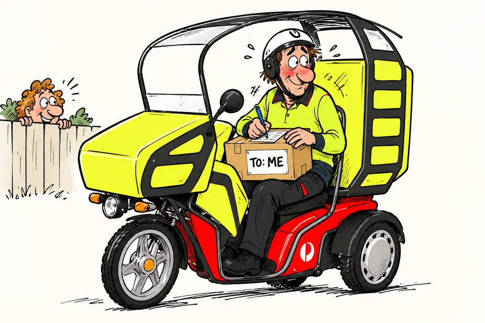 An embarrassed Australian postie on a delivery trike signs for a parcel addressed to himself.